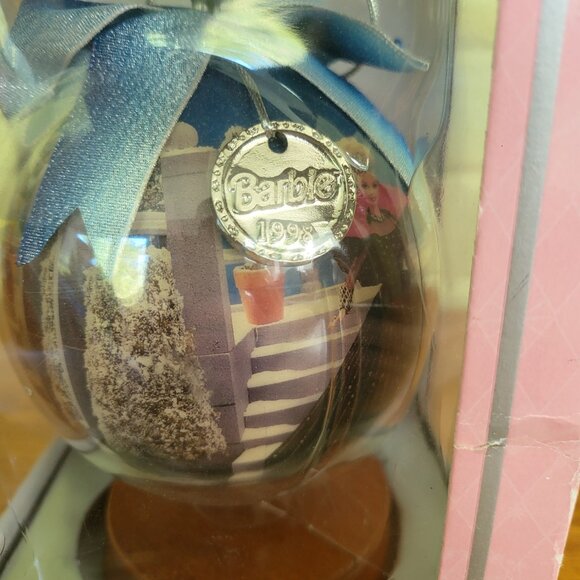 1998 Holiday Barbie 4" Decoupage Ornament w Wooden Ornament Stand MATTEL T4 - Picture 4 of 8